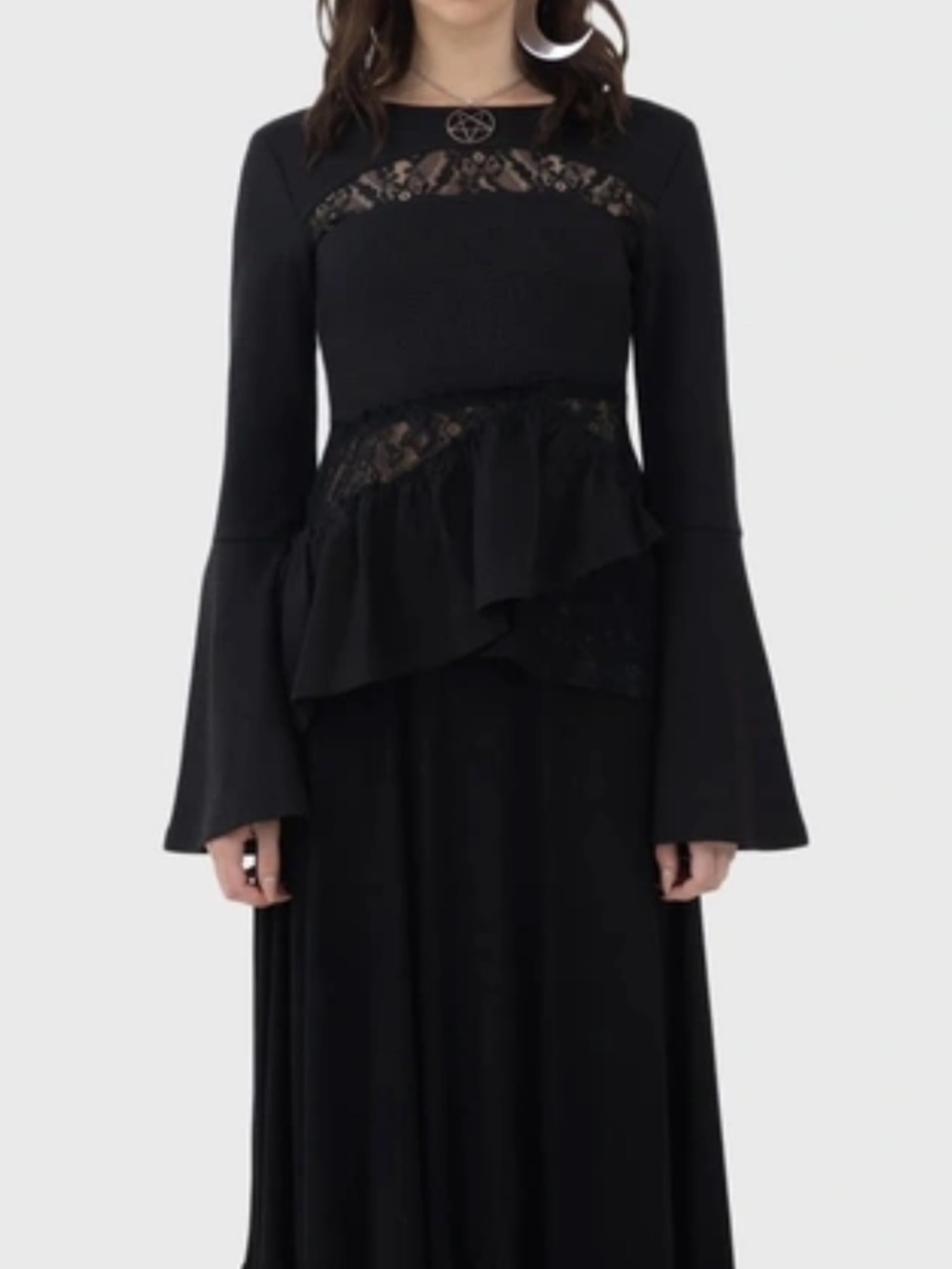Killstar Yohana Blouse Black Lace Trim Ruffle Peplum Bell Sleeves Vampire Goth